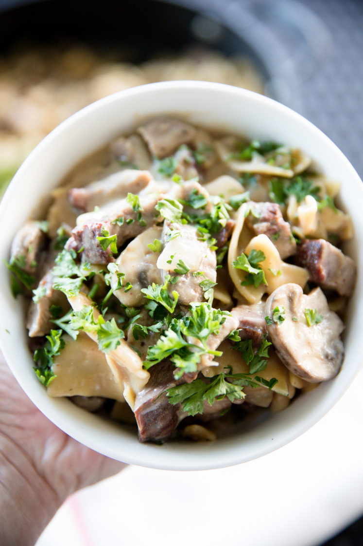 Weeknight Mushroom and Beef Stroganoff Skillet is a quick, easy and healthy dinner recipe that is ready in 30 minutes or less.  This one pot meal is sure to become a family favorite and the easy clean-up is another plus! | beckysbestbites.com