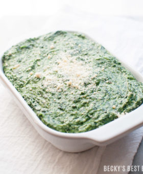 Easiest Creamed Spinach is a quick, 5 ingredient, holiday side dish recipe. Spend more time making memories and less time in the kitchen this holiday season by focusing on the ease and convenience of simple recipes for your family meals. #DairyPureandSimpleHolidays #ad | beckysbestbites.com