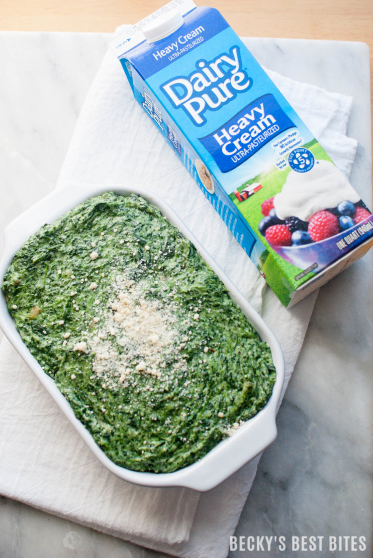 Easiest Creamed Spinach is a quick, 5 ingredient, holiday side dish recipe. Spend more time making memories and less time in the kitchen this holiday season by focusing on the ease and convenience of simple recipes for your family meals. #DairyPureandSimpleHolidays #ad | beckysbestbites.com