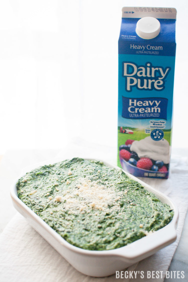 Easiest Creamed Spinach is a quick, 5 ingredient, holiday side dish recipe. Spend more time making memories and less time in the kitchen this holiday season by focusing on the ease and convenience of simple recipes for your family meals. #DairyPureandSimpleHolidays #ad | beckysbestbites.com