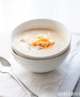 Quick Chicken-Corn-Potato Chowder is a healthy and easy comfort food recipe for those chilly fall and winter nights. Creamed Corn is the secret ingredient to the rich flavor without adding any butter or cream. Make a double batch and freeze to have an even easier meal on hand! | beckysbestbites.com