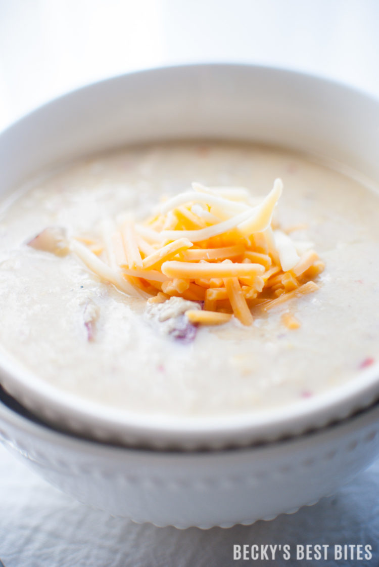 Quick Chicken-Corn-Potato Chowder is a healthy and easy comfort food recipe for those chilly fall and winter nights. Creamed Corn is the secret ingredient to the rich flavor without adding any butter or cream. Make a double batch and freeze to have an even easier meal on hand! | beckysbestbites.com