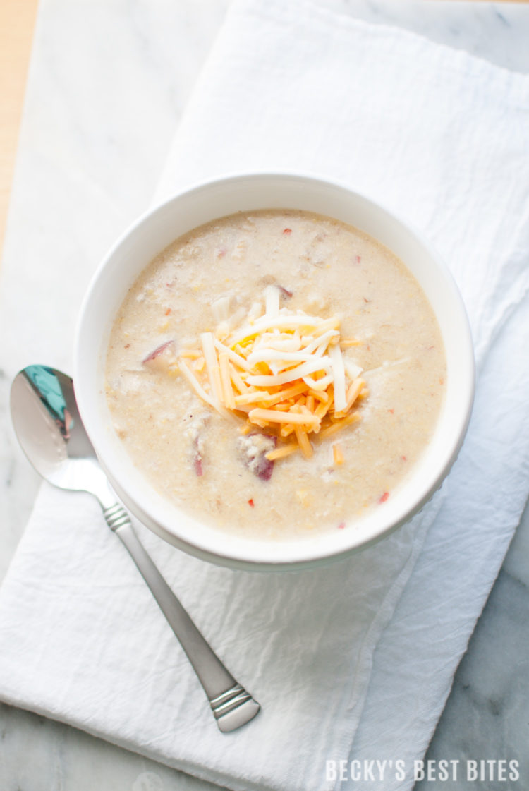 Quick Chicken-Corn-Potato Chowder is a healthy and easy comfort food recipe for those chilly fall and winter nights. Creamed Corn is the secret ingredient to the rich flavor without adding any butter or cream. Make a double batch and freeze to have an even easier meal on hand! | beckysbestbites.com