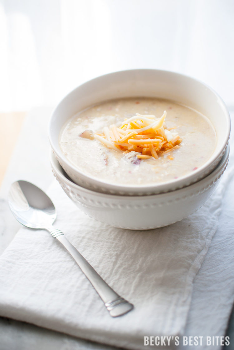 Quick Chicken-Corn-Potato Chowder is a healthy and easy comfort food recipe for those chilly fall and winter nights. Creamed Corn is the secret ingredient to the rich flavor without adding any butter or cream. Make a double batch and freeze to have an even easier meal on hand! | beckysbestbites.com