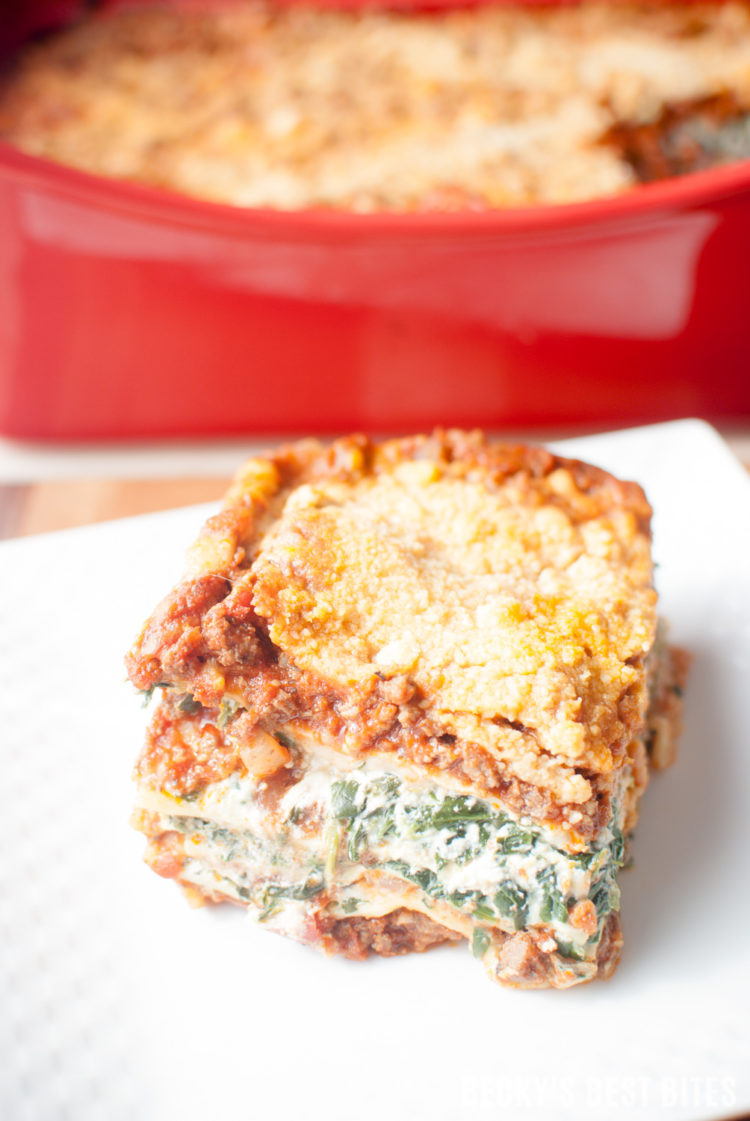 Meat & Veggie Lovers Family Lasagna is the perfect recipe to please a crowd! Ground beef and sausage pair beautifully with garlic, onion, tomatoes, bell peppers, spinach and 3 types of cheeses to make a delicious freezer friendly & make ahead meal that will be requested time and time again. | beckysbestbites.com