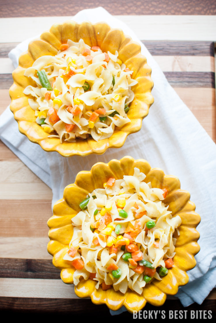 Poor Girl Pasta with Veggies is a cheap, easy and healthy recipe perfect for a simple side dish or a vegetarian meal. Even the pickiest of kids will happily eat this dish, including the vegetables, without complaint. This effortless recipe is sure to become a family favorite. | beckysbestbites.com