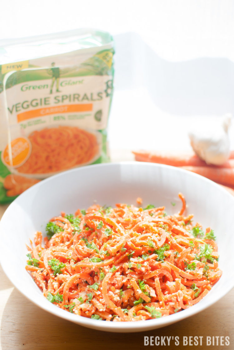 #ad Garlic and Parmesan Carrot Spirals are a colorful, delicious and healthy side dish recipe perfect for your next meal. For added protein and an easy family meal pair this dish with diced grilled chicken, beef, shrimp or pork for an easy dinner on the craziest of nights. #VeggieSwapIns #IC | beckysbestbites.com @greengiant @Walmart 