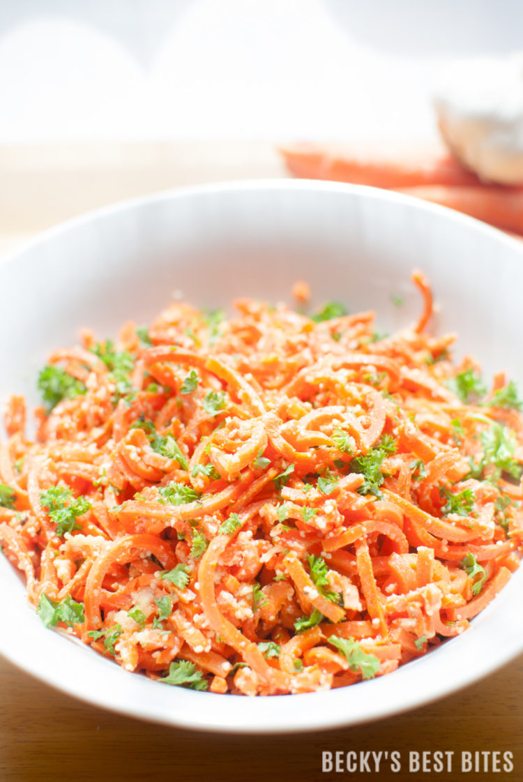 #ad Garlic and Parmesan Carrot Spirals are a colorful, delicious and healthy side dish recipe perfect for your next meal. For added protein and an easy family meal pair this dish with diced grilled chicken, beef, shrimp or pork for an easy dinner on the craziest of nights. #VeggieSwapIns #IC | beckysbestbites.com @greengiant @Walmart 