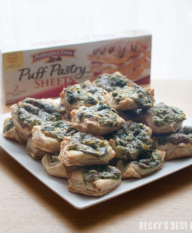 Spring Vegetable Puff Pastry Tarts are a wow-worthy appetizer recipe perfect for brunch or any Easter season entertaining, but easy enough to enjoy any day! These mini tarts feature seasonal veggies swimming in a cheesy sauce and hugged by the light, airy and golden flaky pastry. #ad #InspiredByPuff @PFPuffPastry @PuffPastry | beckysbestbites