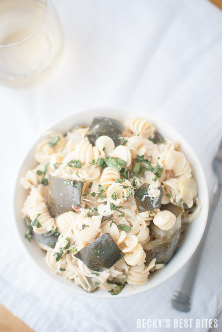 Slow Cooker Zucchini Pasta with Chicken is an easy and healthy pasta recipe that has an ultra creamy sauce without any butter or cream! The secret is slow cooked zucchini that turns into a magical sauce perfect for pasta! Thanks Meghan Markle (now the Duchess of Sussex) for this awesome hack! | beckysbestbites.com