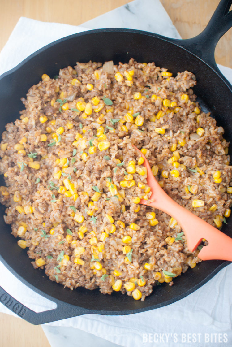 One Pot Beef Taco Rice Skillet with Corn is an easy dinner recipe that the whole family will love! This weeknight winner is on the table in 30 minutes. | beckysbestbites.com