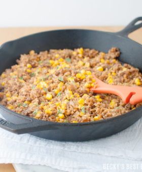 One Pot Beef Taco Rice Skillet with Corn is an easy dinner recipe that the whole family will love! This weeknight winner is on the table in 30 minutes. | beckysbestbites.com