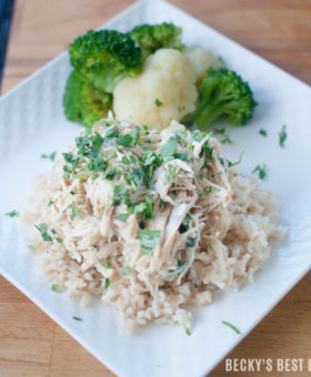 Slow Cooker Creamy Cilantro Lime Chicken is an easy and healthy dinner recipe that the whole family will love! Nobody will be the wiser of the healthy swap of protein-rich greek yogurt for the heavy cream! Take 10 minutes in the morning to have this yummy dinner waiting on your family when you get home! | beckysbestbites.com